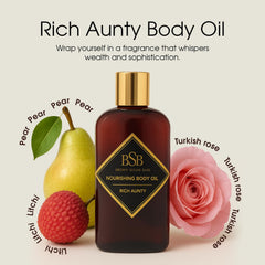 Brown Sugar Babe Rich Aunty Oil label highlights premium, paraben-free formula.