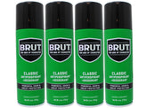 BRUT Classic 6 oz anti-perspirant spray bottles in a four-pack for daily protection.