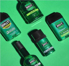 Brut deodorant round solid 2-pack label detail conveys trusted branding and scent.