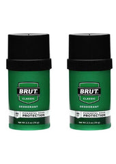 Brut deodorant round solid 2-pack packaging front shows classic scent and long-lasting protection.