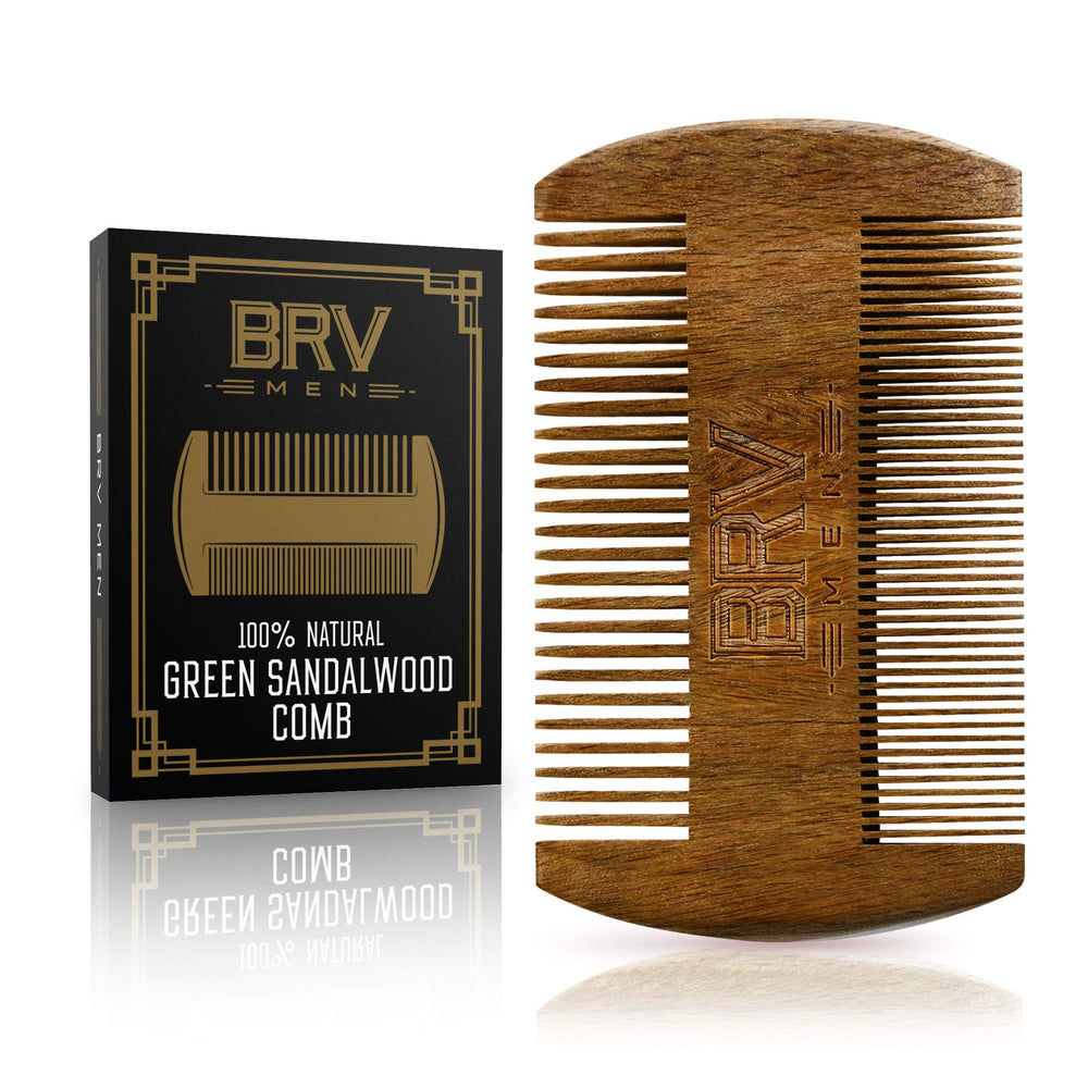 BRV MEN beard comb green sandalwood dual-sided for precise grooming and natural conditioning.