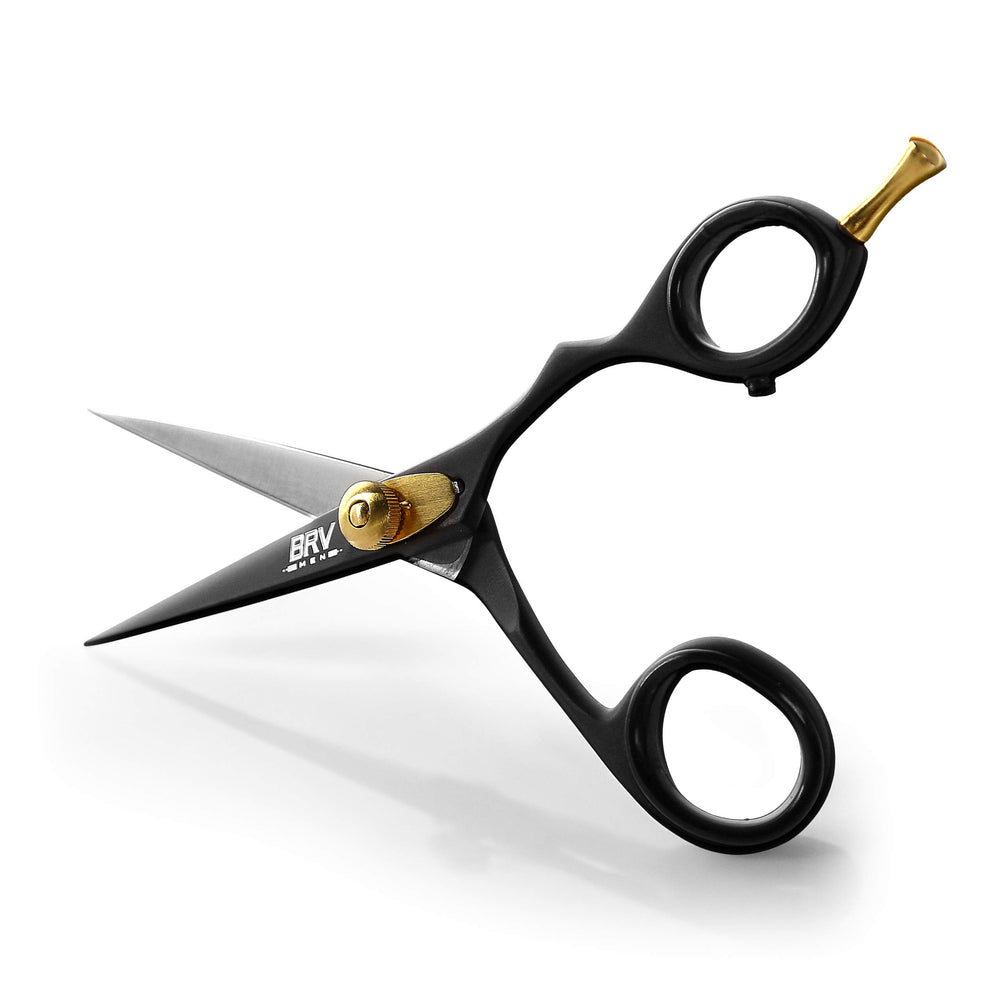 BRV MEN professional mustache and beard scissors in black, five-and-a-half-inch length for precise trimming.