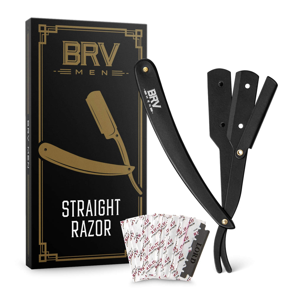 BRV MEN professional straight edge razor in black offers precise, close shaves with durable construction.