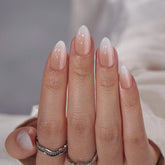 BTArtbox almond press-on nails in vanilla-cream closeup show natural gel finish for easy at-home glam.