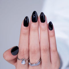 BTArtbox Black Press On Nails Almond collection close-up highlights 16 sizes for precise fit
