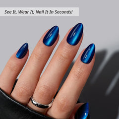 BTArtbox Deep Blue Cat Eye nails closeup showing shimmer and color depth