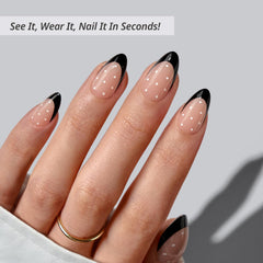 BTArtbox Dot Couture almond black tip application demonstrates quick salon-quality at-home results.
