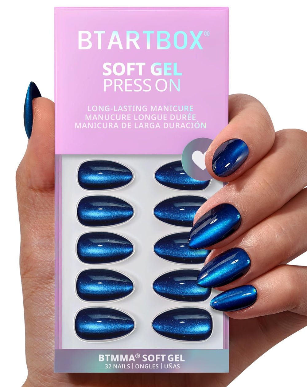 BTArtbox Forstbite Spell almond nails pack shot with glossy deep blue cat eye finish