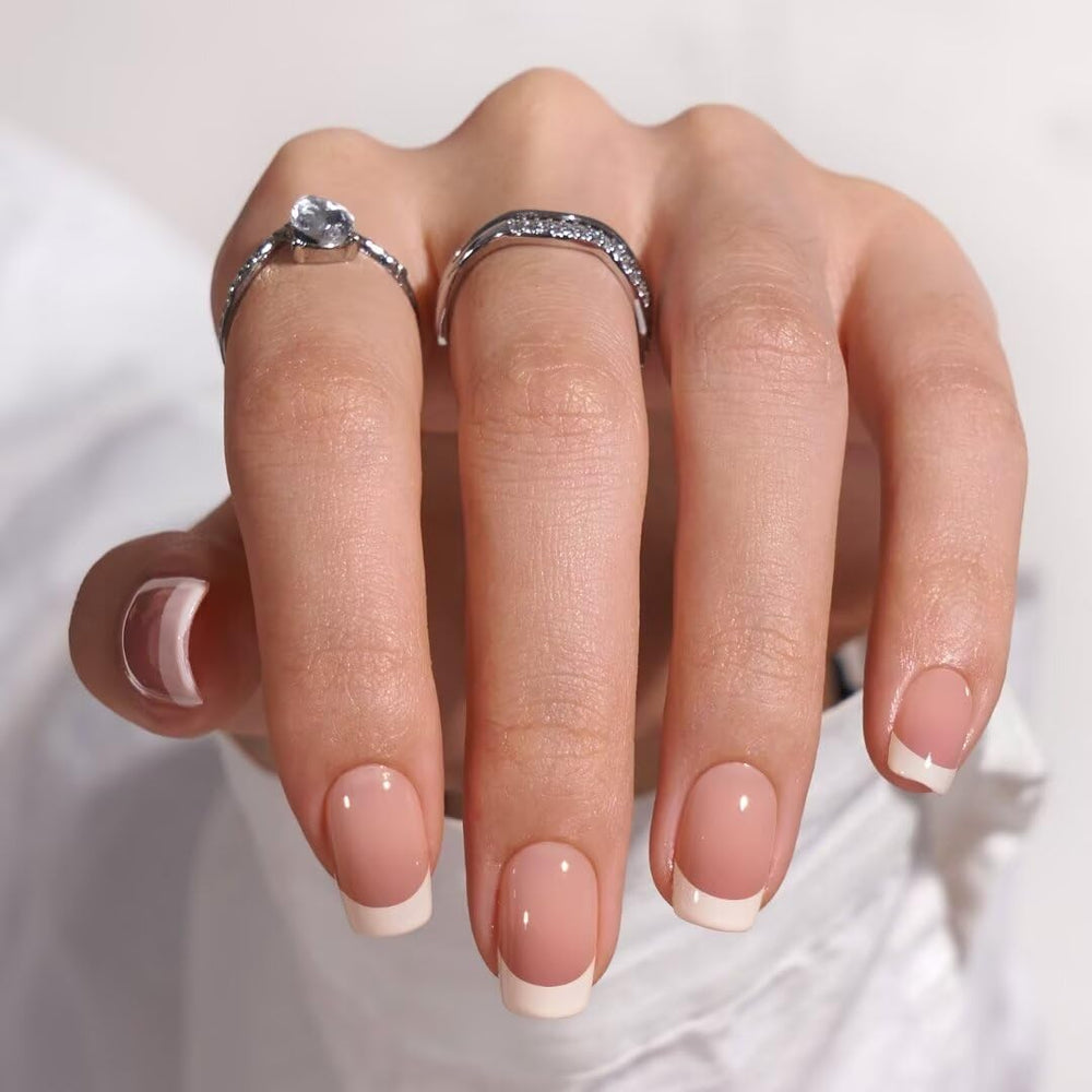 BTArtbox French tip press-on nails short with seamless-fit closeup