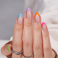 BTArtbox neon rainbow press-on nails closeup showing vibrant color for statement looks.