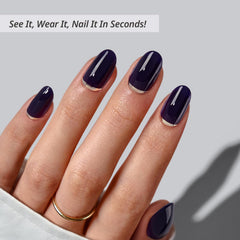 BTArtbox oval nails dark blue foil closeup shows metallic finish