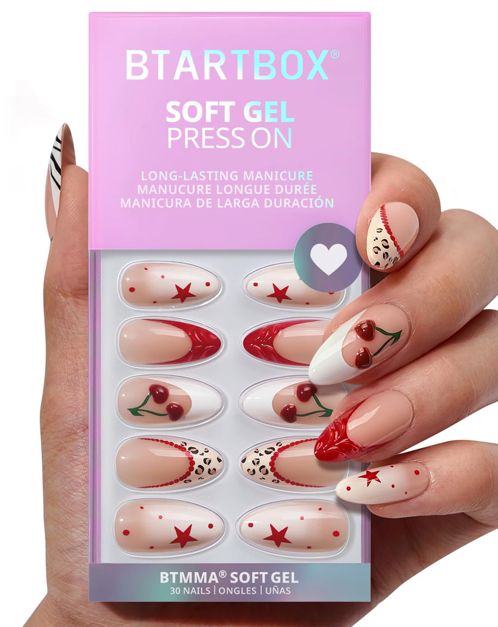 BTArtbox press-on nails almond with 3D cherry detail for chic manicure