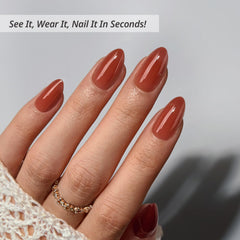 BTArtbox press-on nails on hand highlight almond shape and tea hue for quick chic look.