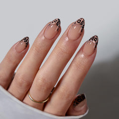 BTArtbox press-on nails short leopard French tip almond kit close-up showing natural look for easy DIY manicure.