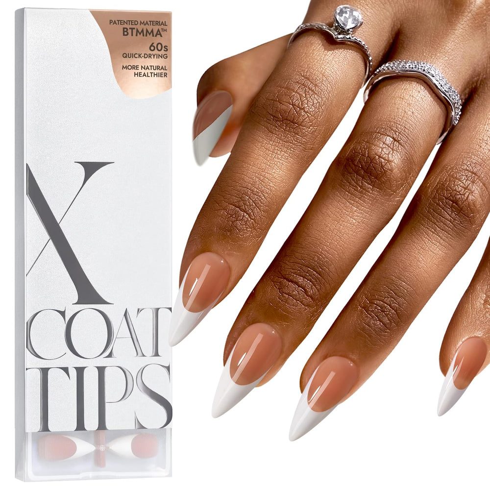 BTArtboxnails French-tip press-on nails in brown long stiletto shape for quick at-home salon-style manicures.