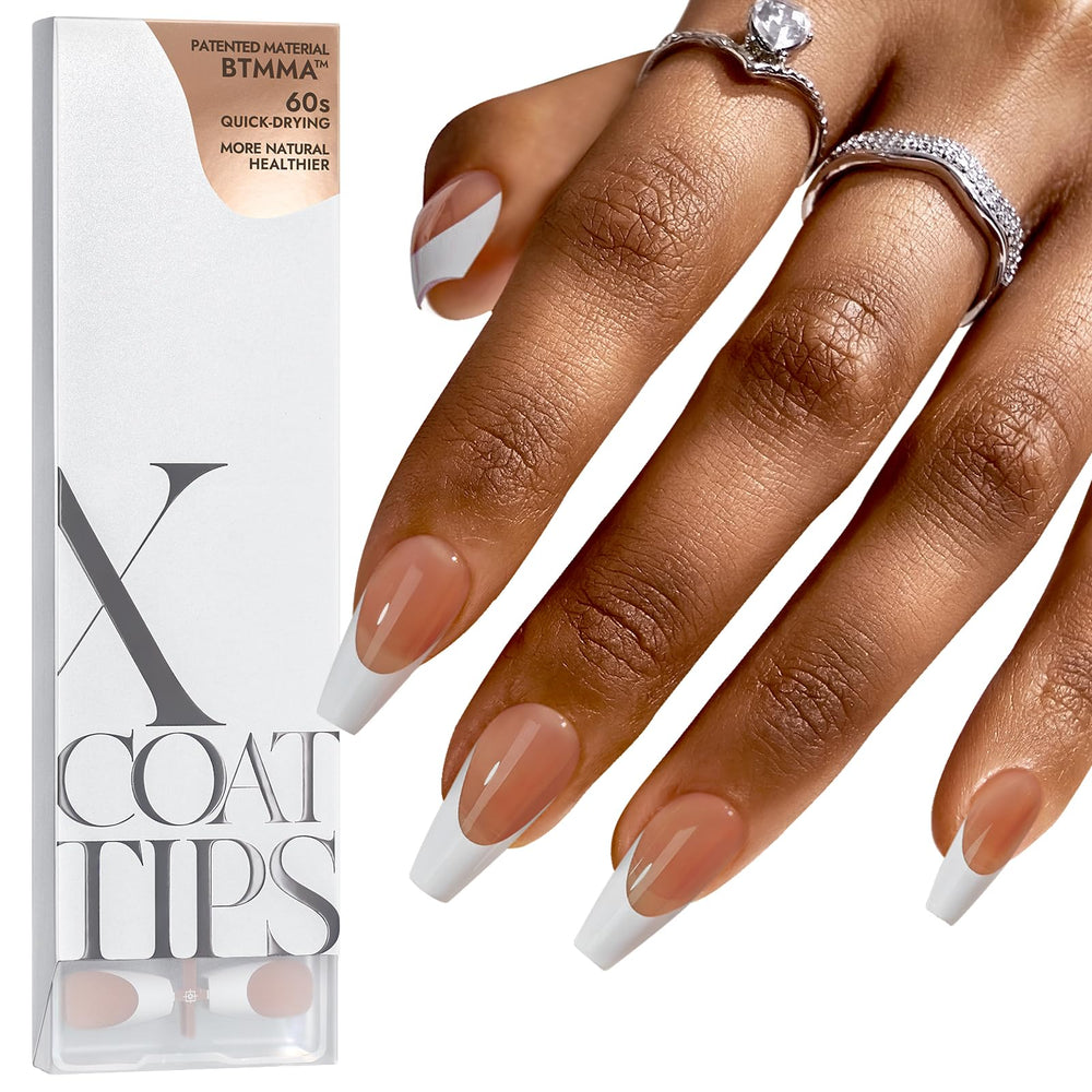 BTARTBOXNAILS French Tip press-on nails in brown coffin shape for quick at-home manicures.