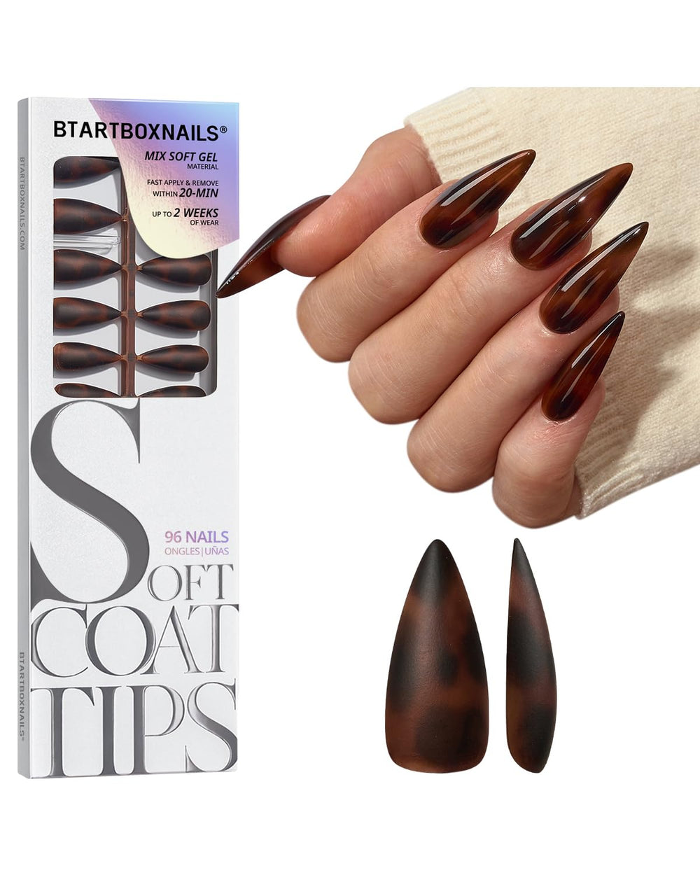 BTArtboxnails SoftCoatTips tortoiseshell long stiletto closeup shows glossy salon-ready nails