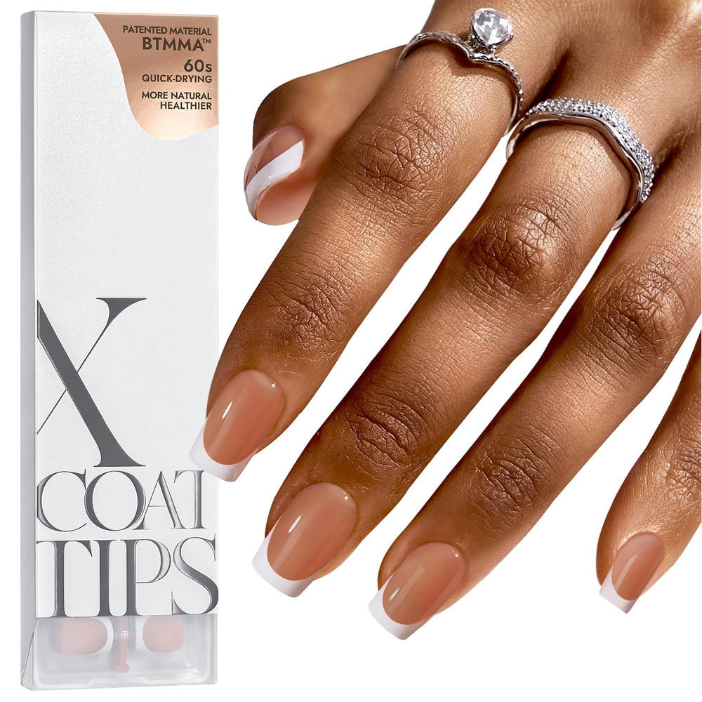 BTArtboxnails XCOATTIPS French tip nails laid out for quick at-home nail art.