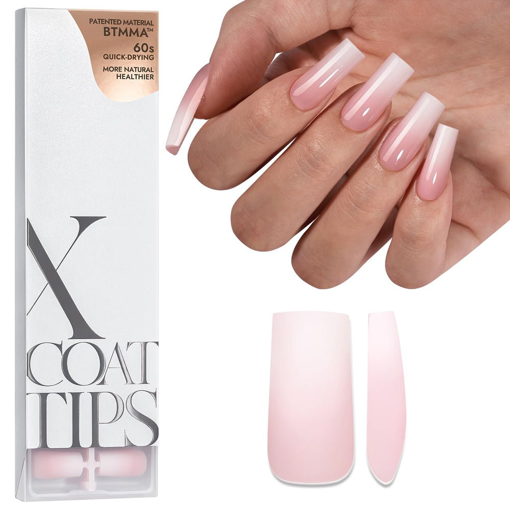 BTArtboxnails XCOATTIPS ombre nails in square long shape with pink-white gradient for DIY manicure
