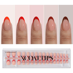 BTArtboxnails XCOATTIPS red french tip nails display a vibrant almond shape for festive manicure versatility.