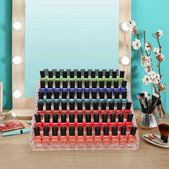 BTremary six-tier acrylic shelf display neatly organizes up to 96 bottles for quick access.