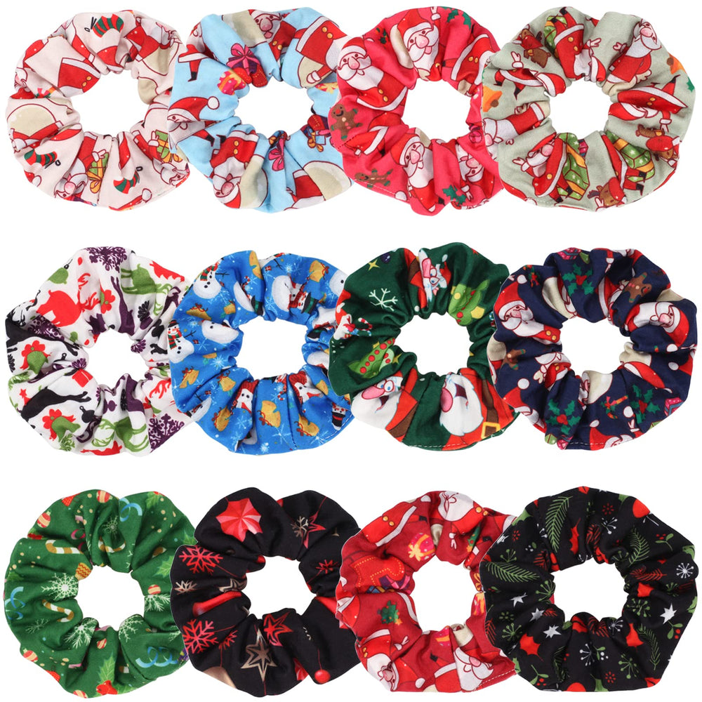 Budsmile 12pc Christmas hair scrunchies pack with festive patterns for secure ponytails