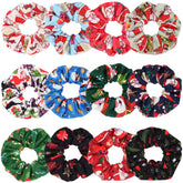 Budsmile 12pc Christmas hair scrunchies pack with festive patterns for secure ponytails