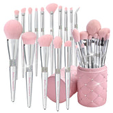 Bueart Design 15Pcs brush set with pink holder delivers complete makeup coverage and elegant storage.