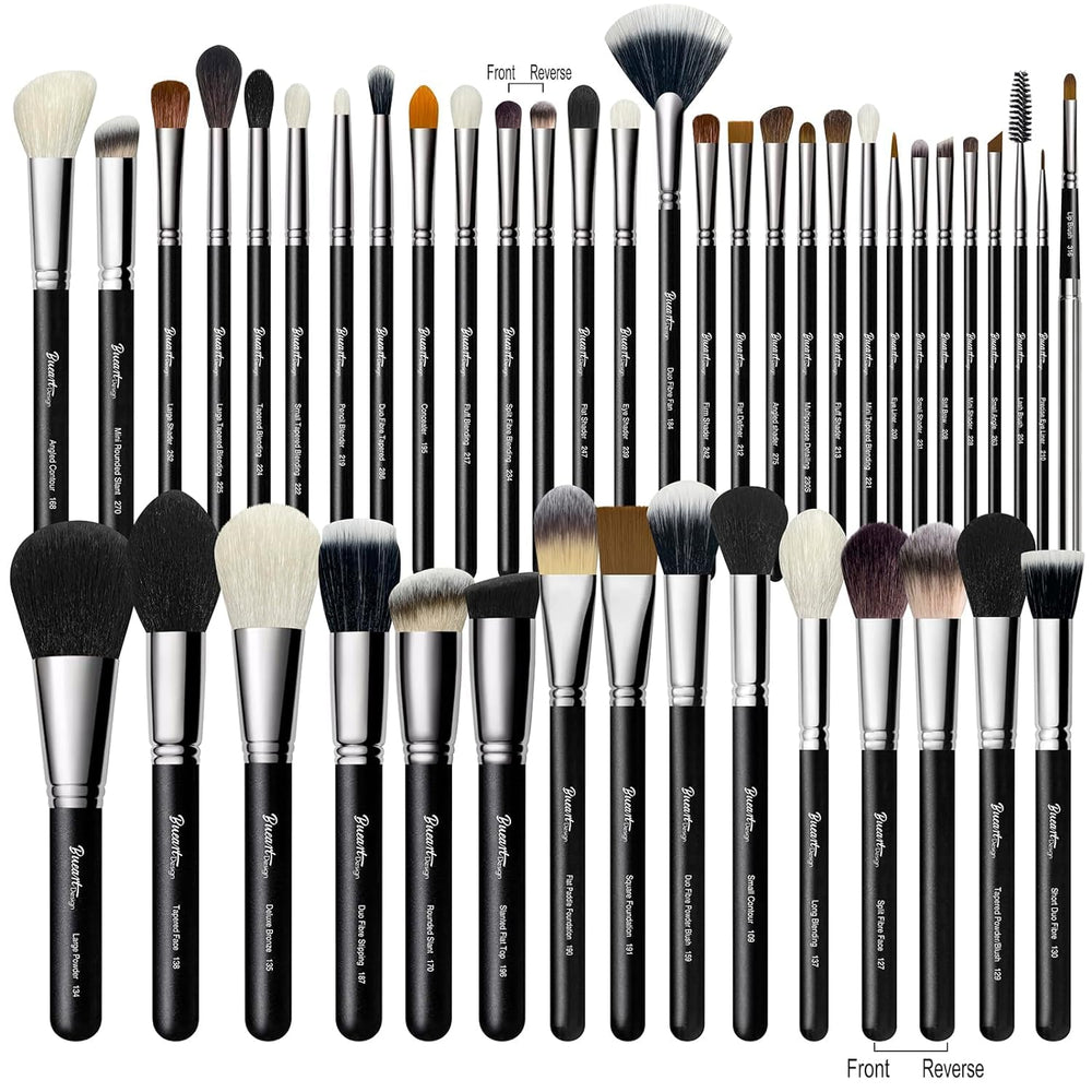 Bueart Design 42pcs brush set closeup highlighting premium goat hair for smooth blending