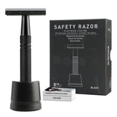 BULIMICA double-edge razor matte-black with stand for precise, close shaving.