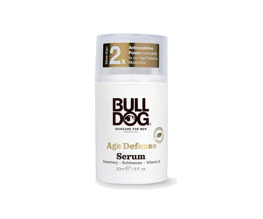 Bulldog Age Defence Serum bottle front shows moisturizing formula for mature skin