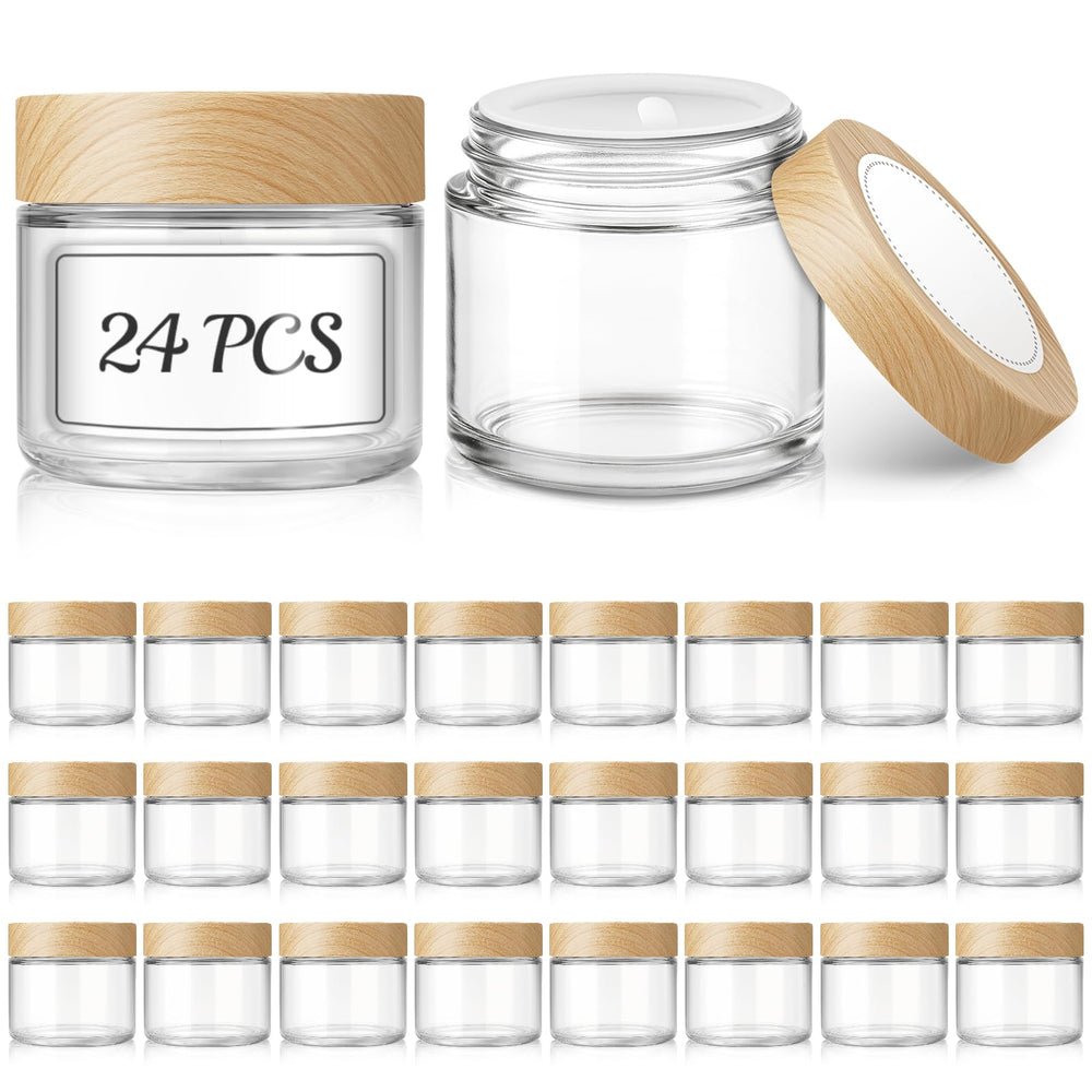 Bumobum 2oz glass jar with woodgrain lid for secure travel cosmetic storage.