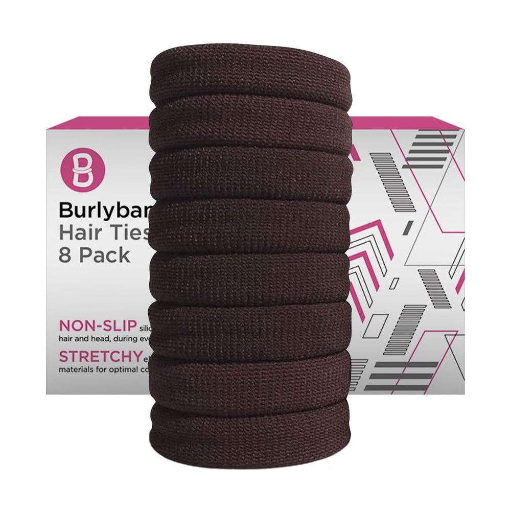 Burlybands large hair tie secures thick ponytail with non-slip hold during workouts.