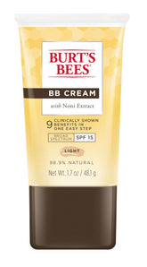 Burt's Bees BB Cream SPF 15 light-tint tube close-up, lightweight coverage.
