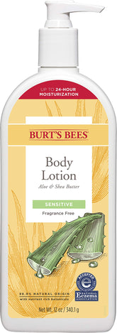 Burts Bees body lotion bottle shows aloe-shea formula ideal for sensitive skin hydration