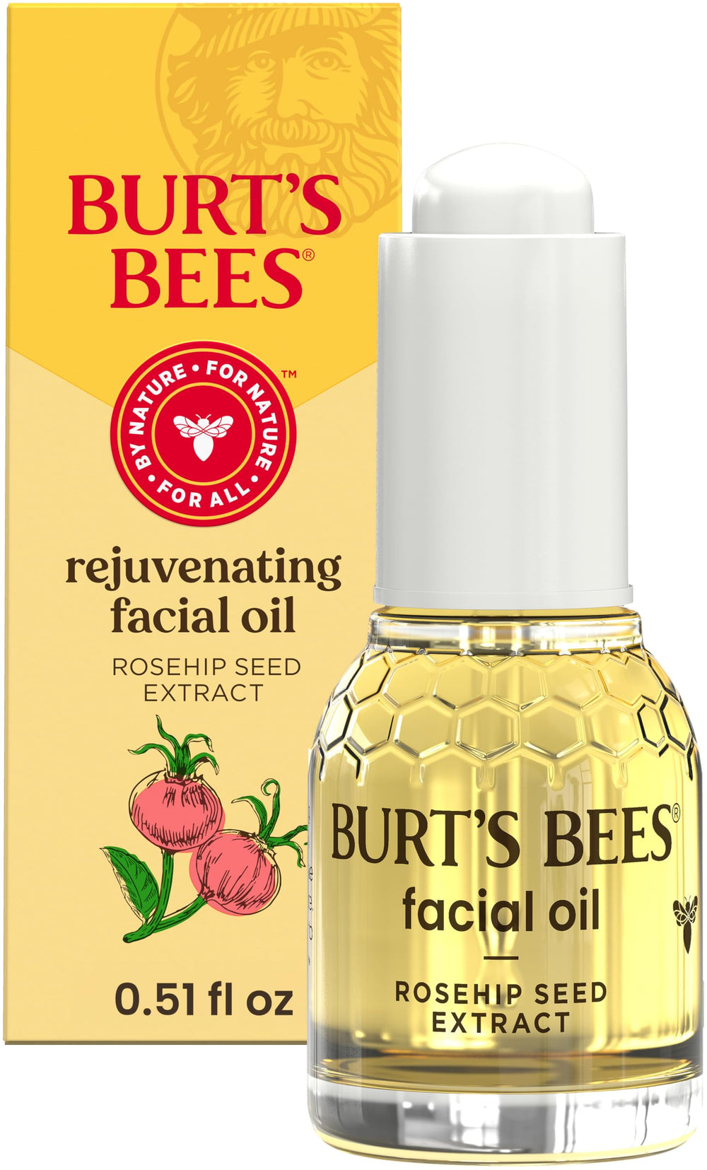 Burt's Bees Gua Sha face oil bottle with rosehip hydrates skin.