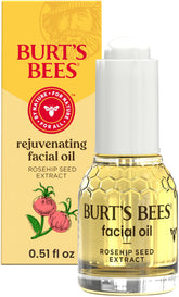 Burt's Bees Gua Sha face oil bottle with rosehip hydrates skin.