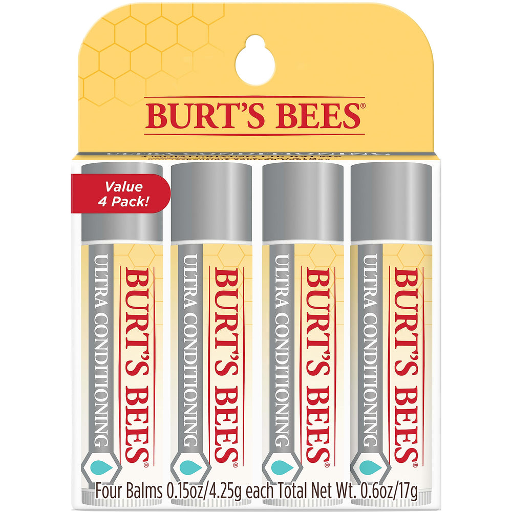 Burt's Bees lip balm 4-pack close-up showing hydrating balm for dry lips.