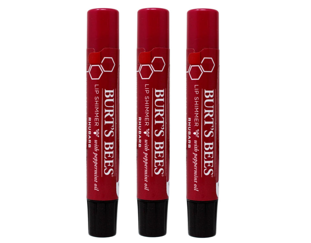 Burt's Bees Lip Shimmer Rhubarb tube shows sheer color and glossy shine.