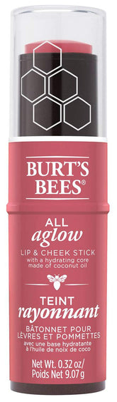 Burt's Bees Peony Pool lip-cheek stick applied for natural color and glow.