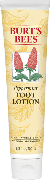 BURT'S BEES Peppermint Oil Foot Lotion applied for cooling relief on tired feet.