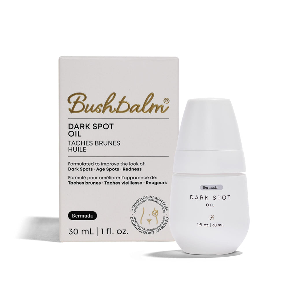 Bushbalm Bermuda Oil bottle highlights vegan formula for brighter, even-toned skin.