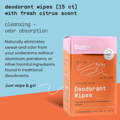 BUSYCO Refresh Line Deodorant Wipes individually wrapped for convenient travel or workouts.