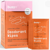 BUSYCO Refresh Line Deodorant Wipes packaging emphasizes sustainability and on-the-go freshness.