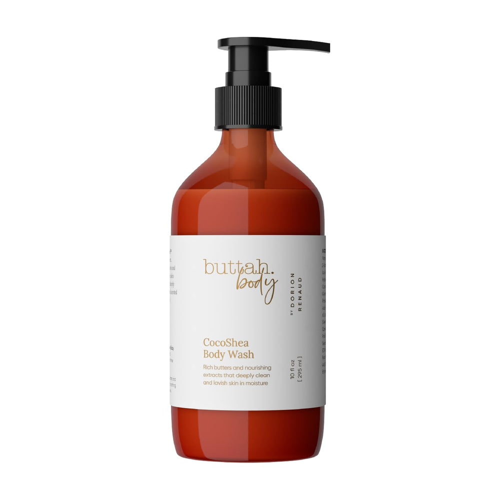 Buttah CocoShea Body Wash bottle closeup highlights nourishing cocoa butter for daily cleansing.