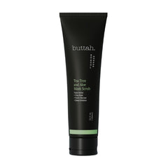 Buttah Tea Tree Aloe Exfoliating Scrub jar demonstrates gentle exfoliation for clearer, oil-balanced skin.