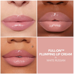 Buxom Full-On Lip Cream White Russian application close-up for plumping, moisturizing comfort.