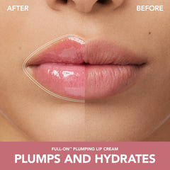 Buxom Full-On Plumping Lip Cream Blushing Margarita graphic highlights peptide and hyaluronic acid boost for fuller lips