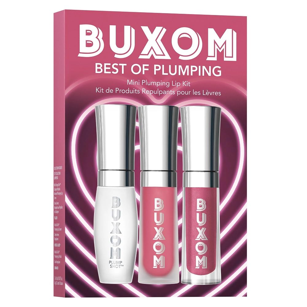 Buxom Plump Shot peptides lip serum bottle closeup showing cooling, hydrating plumpness.