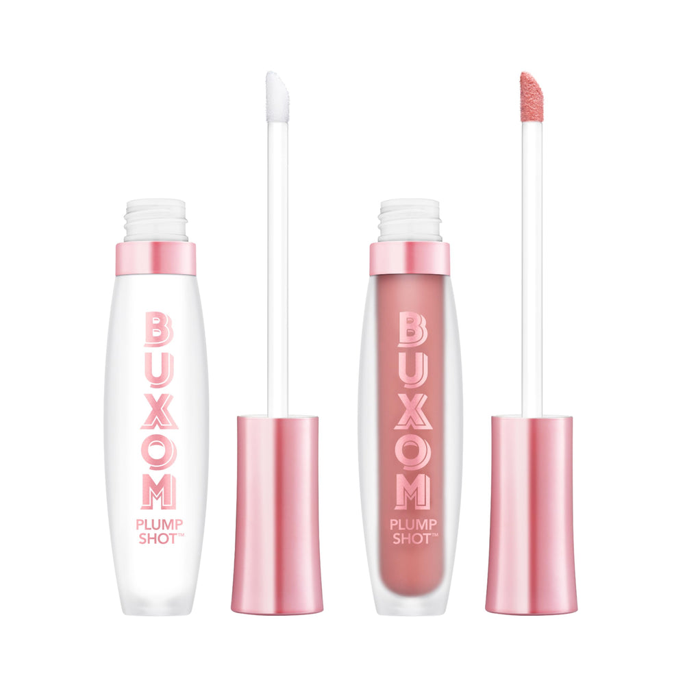 Buxom Plump Shot serum bottle close-up highlighting peptide-infused formula for fuller lips.